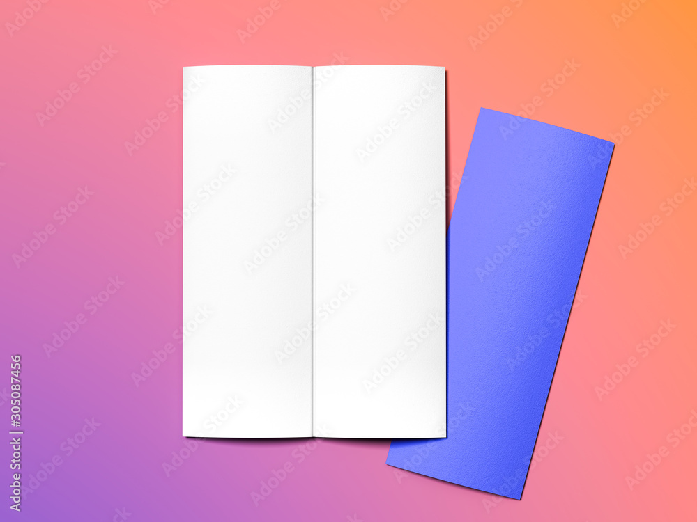 Poster blank white and violet folded leaflets isolated on pink and peach color background. 3d rendering. mi