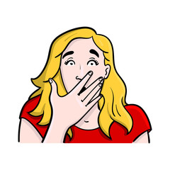 blond woman holds out her hand in front of her mouth. emotions, fear, baffled, avatar, red, yellow, hand.