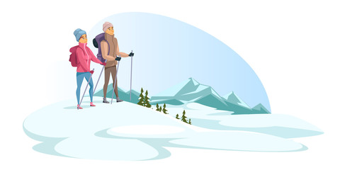 Man and woman enjoy hiking during winter vacation