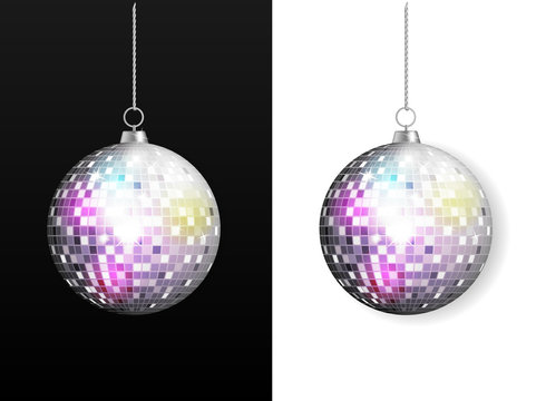 Vector realistic image of silver disco ball with bright color flares