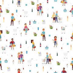 Fototapeta premium Shopping people seamless pattern, vector illustration. Cartoon characters in flat style, set of isolated icons. Customers in food shop, happy buyers with bags in shopping mall