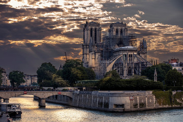 Paris, France - November 23, 2019: Notre Dame cathedral during restoration works after the massive...