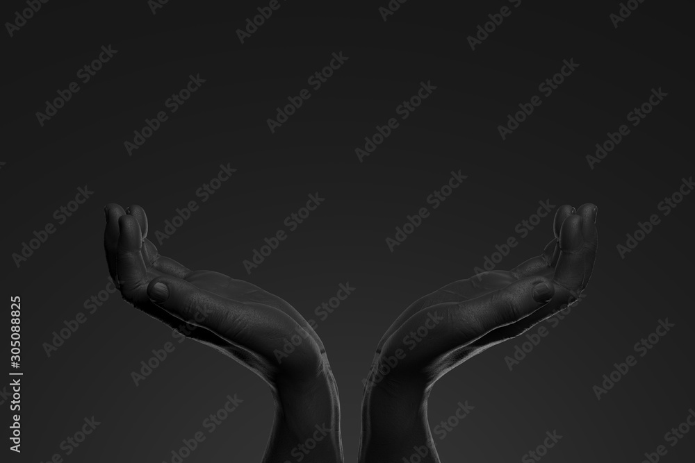 Poster realistic black human hands with empty space as showcase isolated on black background. 3d rendering.
