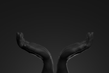 Realistic black human hands with empty space as showcase isolated on black background. 3d rendering.