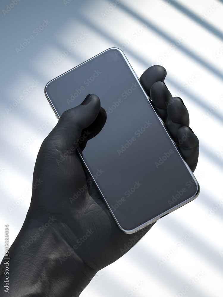 Poster realistic black human hand holding mobile phone with blank screen with empty space on light backgrou
