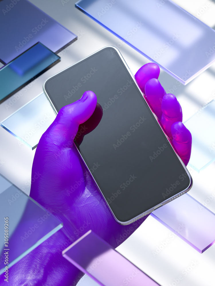 Poster realistic violet human hand holding mobile phone with blank screen with empty space on abstract back