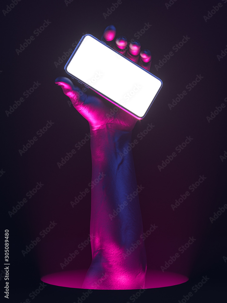 Poster violet neon human hand holding mobile phone with blank screen with empty space on dark background. 3