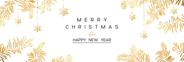 Winter holidays or Christmas background with branches and snowflakes.