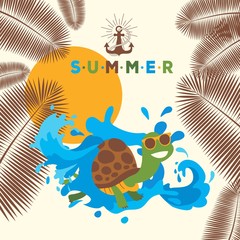 Summer banner with turtle cartoon character, vector illustration. Store advertisement poster, shop catalog cover. Travel agency flyer template, decorated with palm leaves
