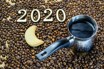 a cup of coffee with cookies, coffee grains scattered on a table near a cup with a coffee,...