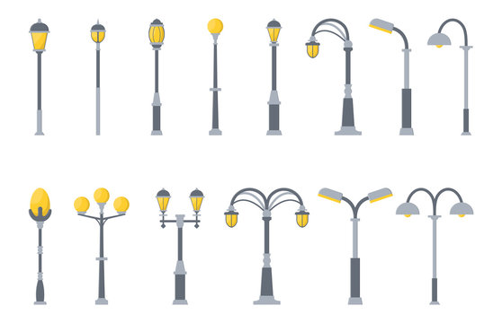 Set of street lights cartoon isolated on white background. Modern and vintage street light. Elements for landscape construction. Vector illustration for any design.