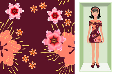 Obraz na płótnie Canvas Vector seamless floral pattern with hand-drawn flowers for fabric, wrapping, scarf, hijab. Cartoon brunette doll in a cardboard box in a dress with a print pattern of flowers on a burgundy background
