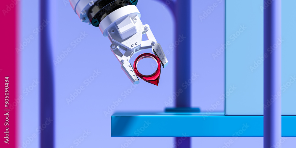 Poster realistic robotic mechanical arm holding red map pin geotag on abstract background. 3d rendering. mi