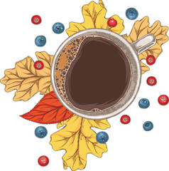 Cup of Coffee, Autumn Leaves and Berries