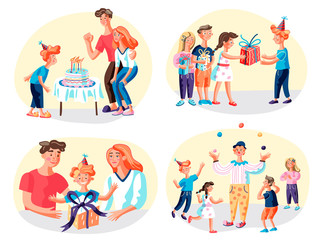 Birthday party flat vector illustrations set