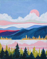 Skyscape Abstract Art, Mountains Acrylic Art, Handpainted Abstract Acrylic Art, Pink River Art, White Clouds Abstract Art, Purple Sun Abstract Art
