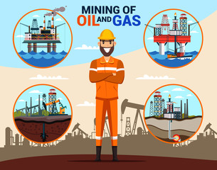 Oil and gas mining flat banner vector template