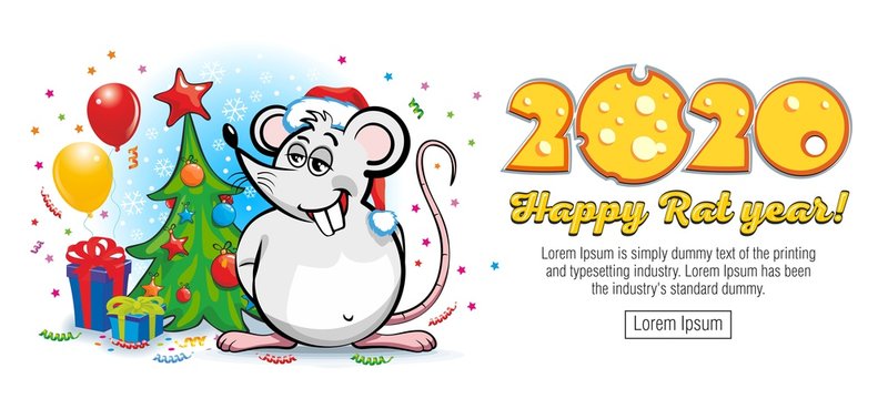 2020 year  - Chinese Zodiac Sign Year of Rat. Happy Chinese New Year of the rat - greeting card with rat in Santa Claus hat, gifts and Christmas tree. Illustration, vector