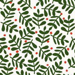 Hand painted seamless pattern with Christmas berries in red and green on white background.