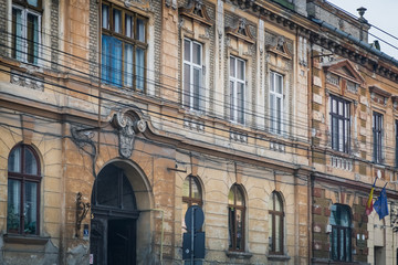Old building facade in Old Town of Timisoara, Romania