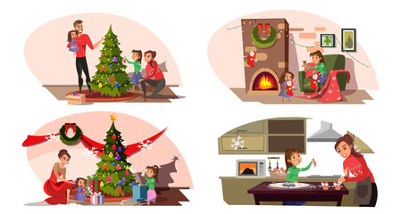 Family preparation for Christmas Eve cartoon set