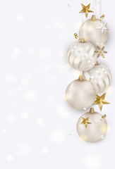 White New Year 2020 background with Christmas balls,3d stars, snowflakes, serpentine, bokeh. Vector holiday illustration.