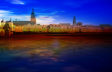 Fototapeta premium abstract gold sunrise background with blue sky and panorama of Heidelberg