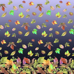 Beautiful autumn leaves on gradient background. Seamless border. Pattern with space for a text. Watercolor painting. Fabric, wallpaper, bed linen design.