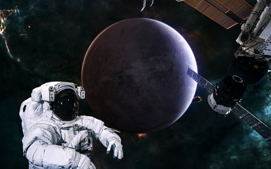 Fototapeta na wymiar Planet of deep space. Space station, astronaut on background of exoplanet. Science fiction. Elements of this image furnished by NASA