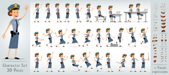 Cartoon flat cute funny police girl character in blue uniform and cap with golden star badge. 30 different poses and face expressions. Isolated on white background. Big vector icon set.