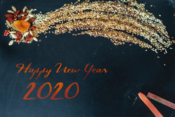 2020 New Year celebration and comet made of flax seeds and dehydrated fruit