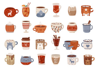 Vector collection of hot drinks in a cute mug in flat design. Hot chocolate, coffee, cocoa with marshmallow. Autumn and winter holidays set.