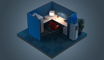 Modern Office design interior room with furniture in cutaway. Office cutaway. 3d rendering. Night time