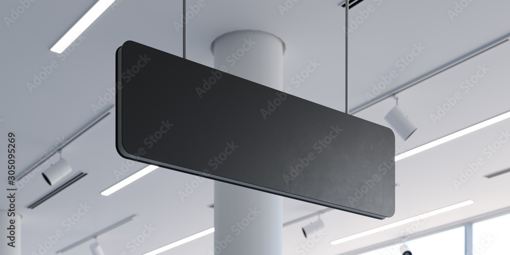 Poster blank black signboard mock up. empty signage template in modern bright building interior. 3d renderi