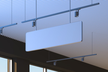 Canvas white signboard mock up. Empty signage template in modern bright building interior. Street sign, 3d rendering.