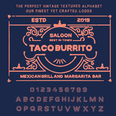 Fototapeta premium Hand drawn vintage retro font. Outdoor advertising of American restaurants and eateries inspired typeface. Textured unique brush script style alphabet. Letters and numbers. Vector Illustration.
