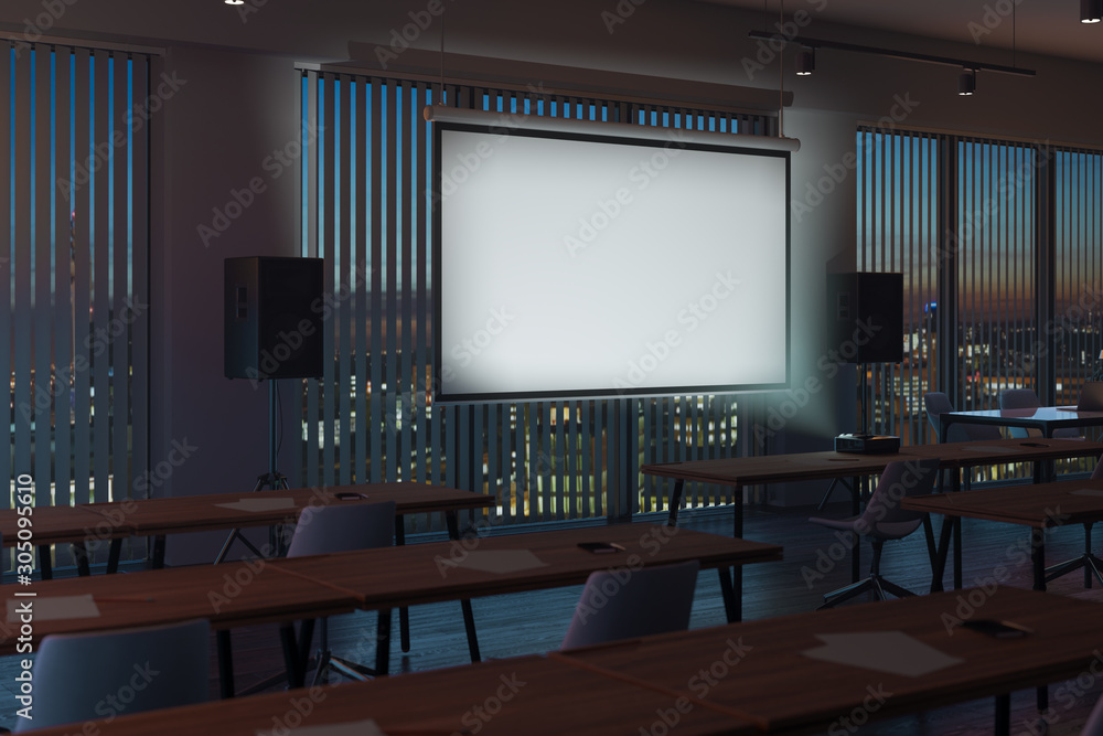 Poster projector screen canvas in modern conference room with big windows and turned on projector. 3d rende