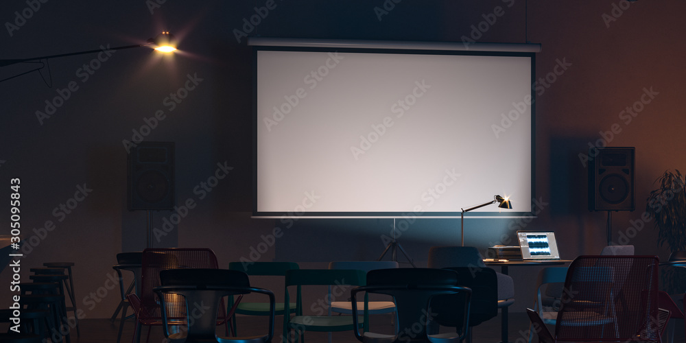 Poster projector screen canvas in modern cozy cafe. 3d rendering. front view. night time. close up