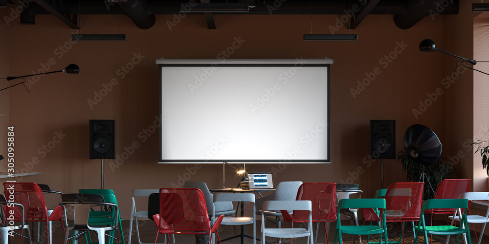 Poster projector screen canvas in modern cozy cafe. 3d rendering. front view. day time