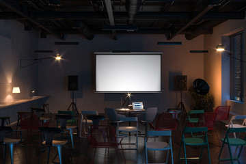 Projector screen canvas in modern cozy cafe. 3d rendering. Front view. Night time