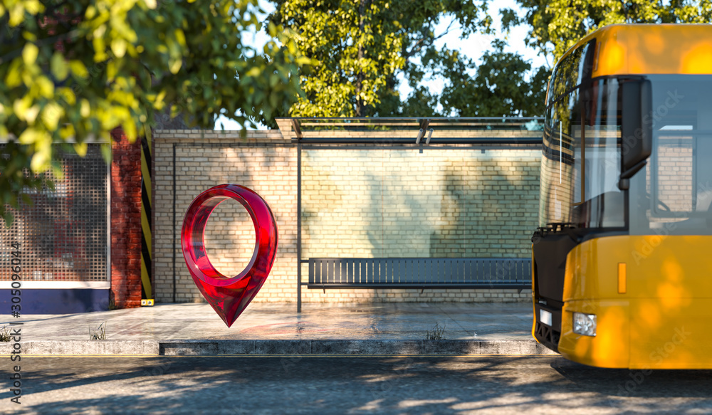 Poster red map geo tag pin on modern bus stop at street. 3d rendering.
