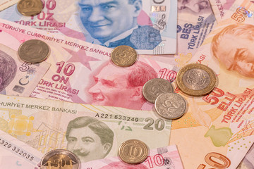 Turkish lira TL. TRY banknotes and coins