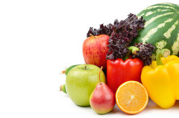Fruits and vegetables isolated on white background. Free space for text.