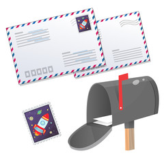 Color images of open mailbox with letter, envelope and stamp on white background. Vector illustration set.