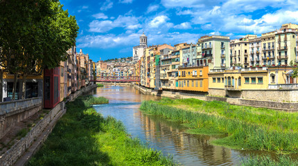 Colorful houses and Eiffel bridge in Girona