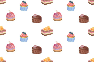 Repeat pattern of sweet desserts on the white background, fruit cake, heart-shaped, chocolate, cupcake, food illustration for different purposes