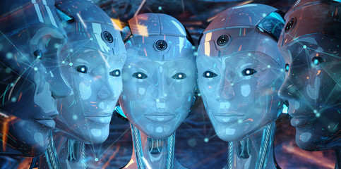 Group of female robots heads creating digital connection 3d rendering