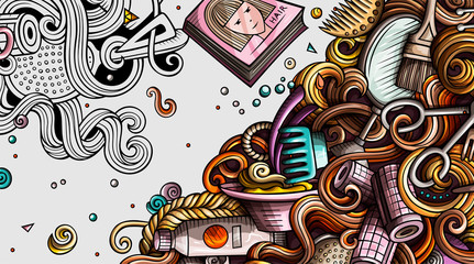 Hair salon hand drawn doodle banner. Cartoon detailed illustrations.