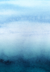 Abstract watercolor background. Aquamarine Gradient from light to dark. Ink blue ombre. Hand drawn watercolor illustration on texture paper.