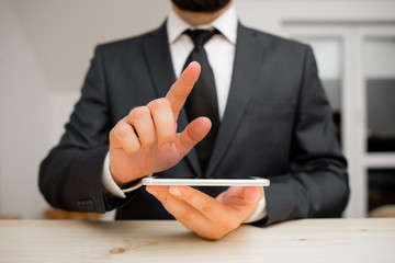 Male human wear formal clothes present presentation use hi tech smartphone